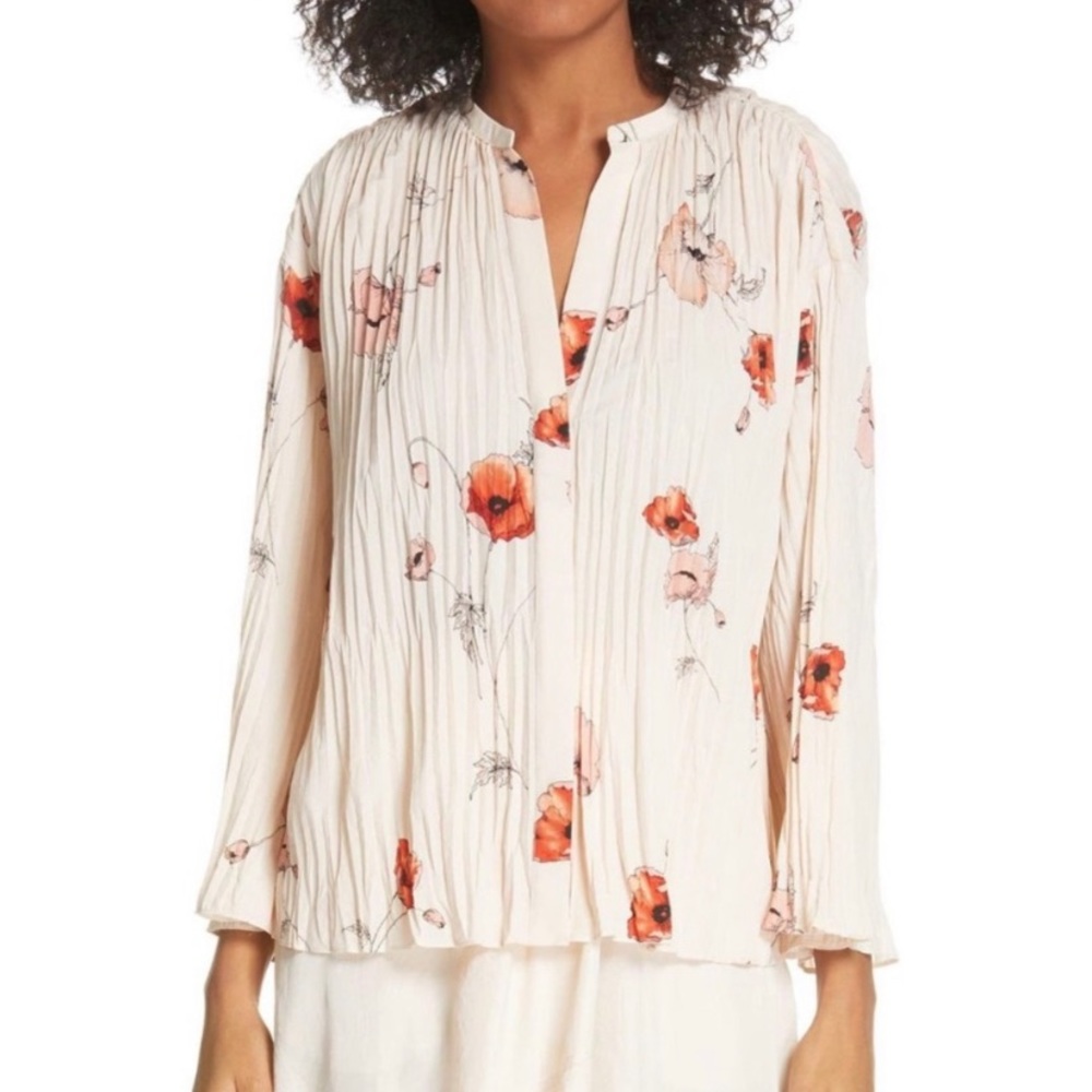 VINCE Pale Blush Tossed Poppy Pleated Blouse 3/4 Sleeves L